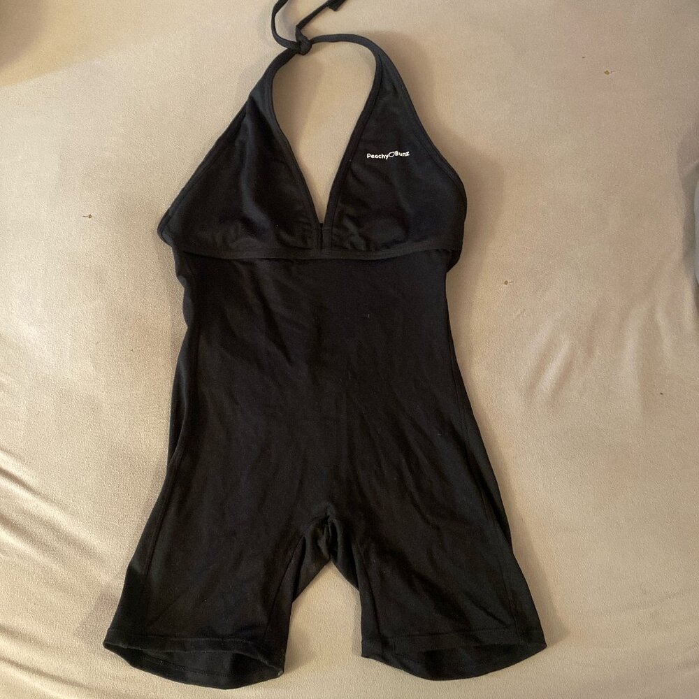 peachybunz black scrunch butt romper with halter neck